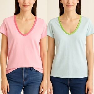 J.Crew Contrast Trim V-Neck Tee Bundle – Pink & Aqua – Size L (Set of 2) ARH